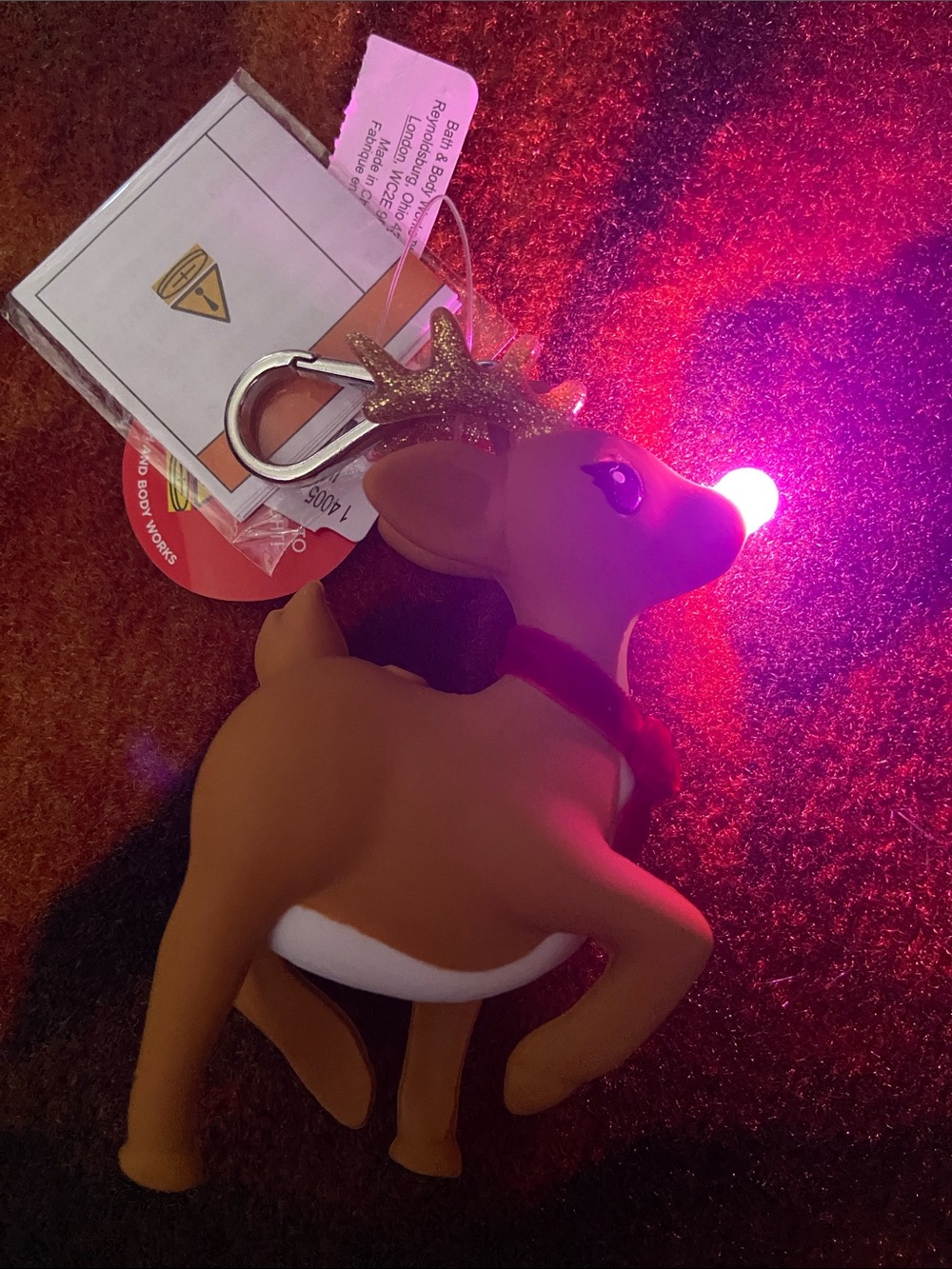 Rudolph Reindeer LED Keychain - Brown Light-Up Charm hand sanitizer holder